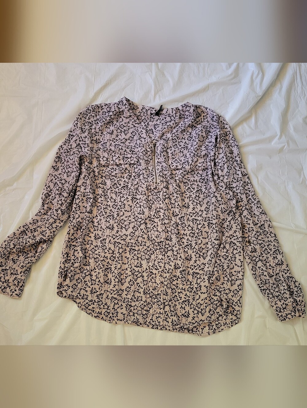 Maurices Light Purple Floral Button-Front Top with Black Print